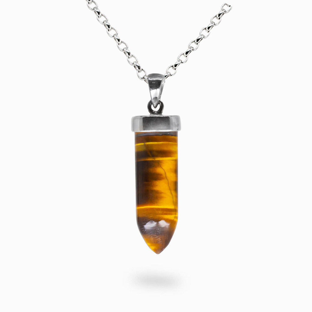 Tiger Eye pencil necklace with golden brown chatoyancy set in sterling silver | MADE IN EARTH