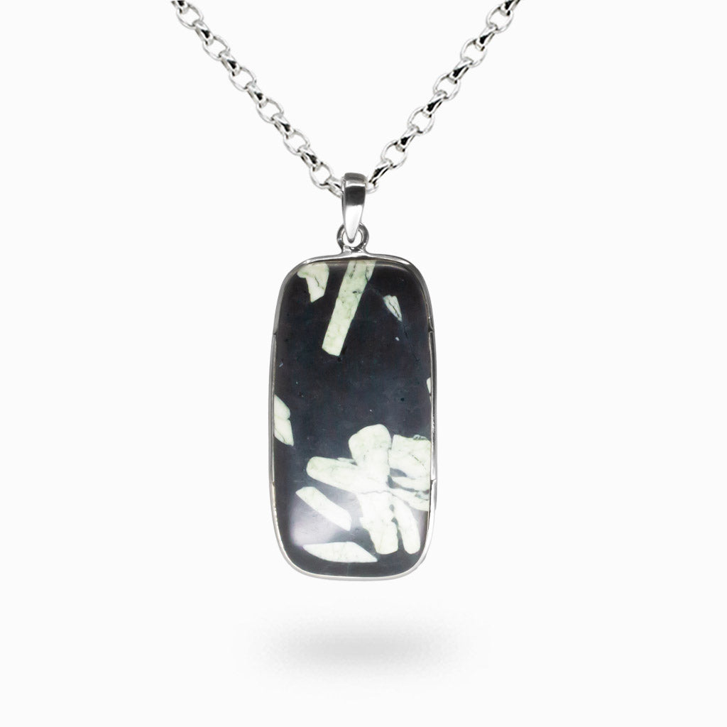 Chinese Writing Rock necklace with natural script patterns set in sterling silver, calligraphy stone crystal pendant. | MADE IN EARTH