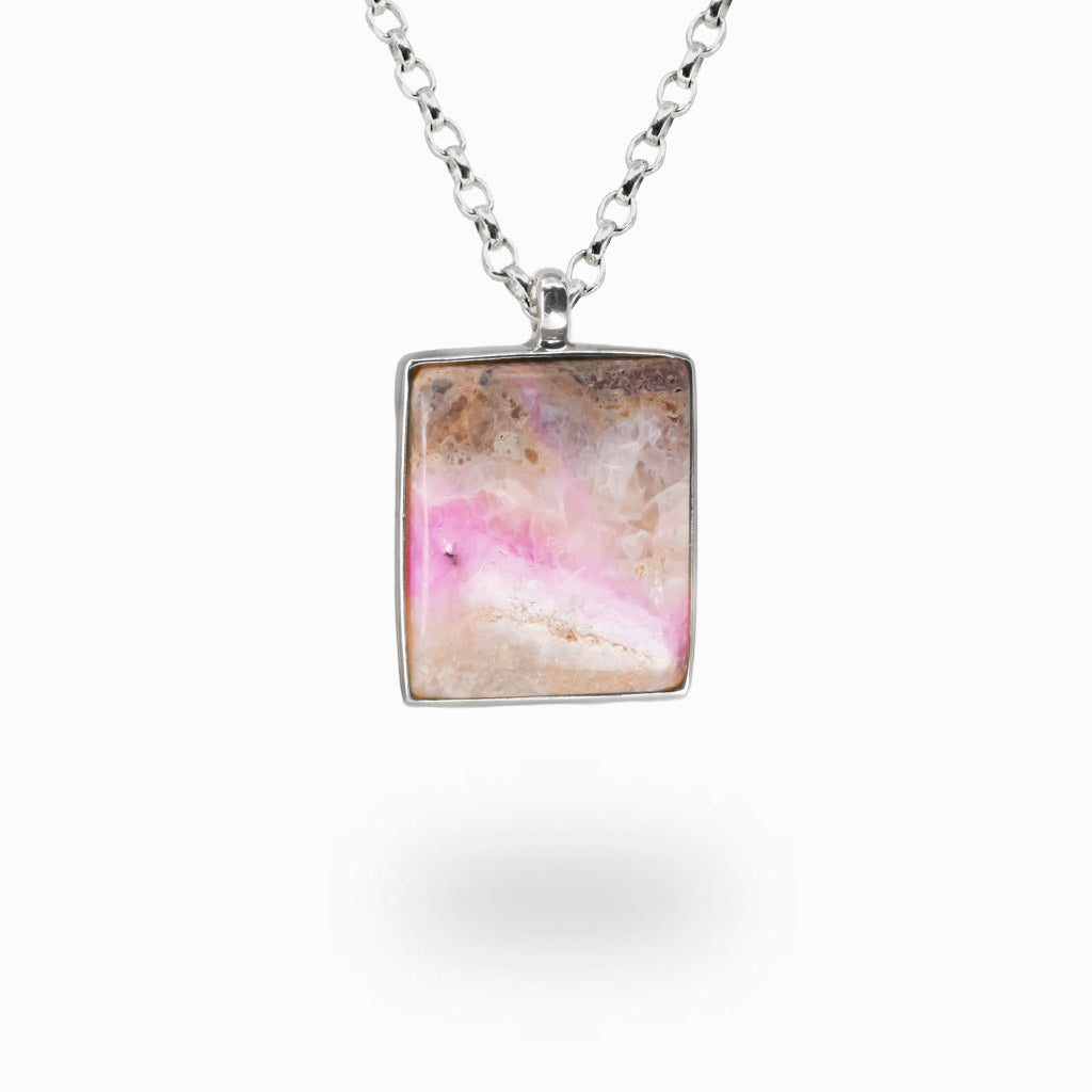 Square Cobaltian Calcite cabochon pendant necklace set in sterling silver bezel. | MADE IN EARTH