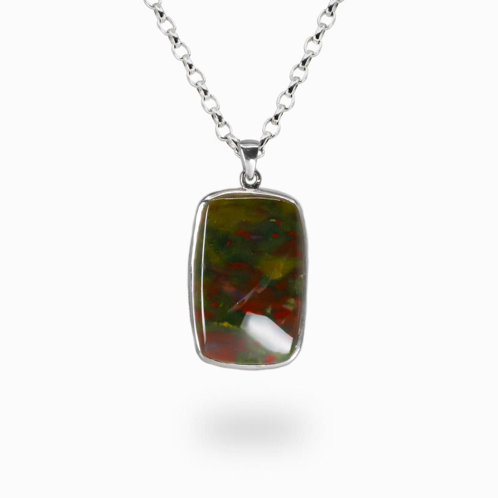 Rectangle Bloodstone cabochon necklace with deep green gemstone and red flecks set in sterling silver bezel. | MADE IN EARTH