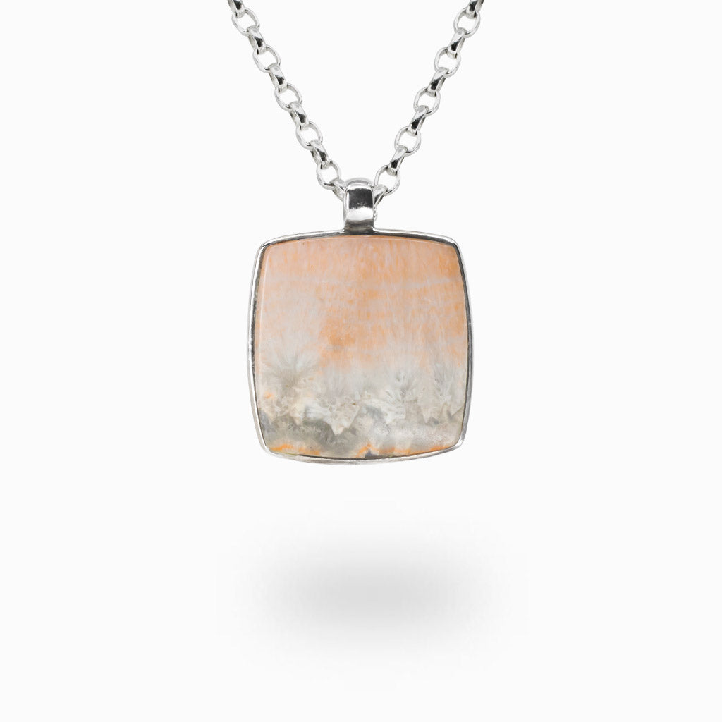 Square Celestobarite cabochon necklace with salmon pink and blue banded gemstone set in sterling silver bezel. | MADE IN EARTH