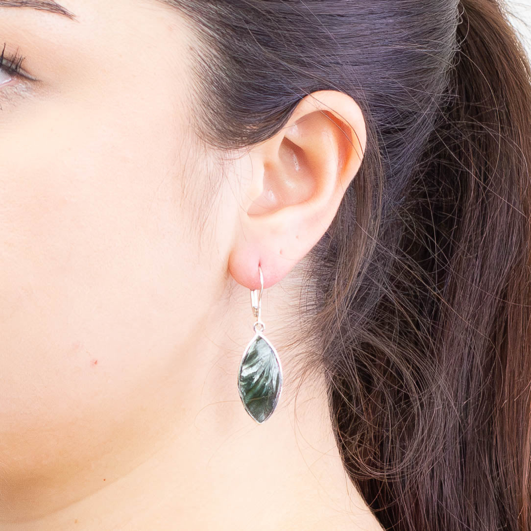 CABOCCHON MARQUISE SERAPHENITE DROP EARRINGS ON MODEL