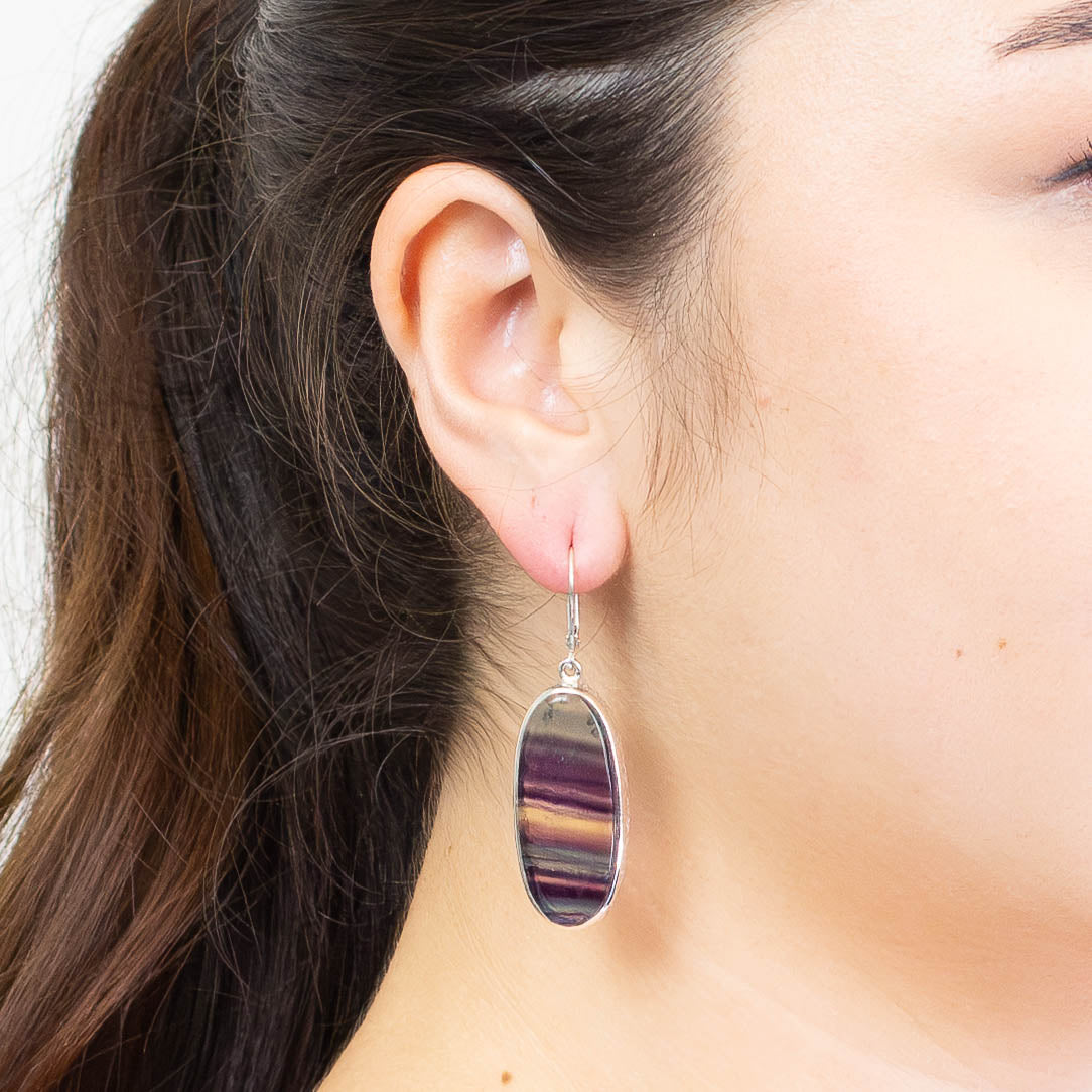 CABOCHON FLUORITE BEZEL DROP EARRINGS ON MODEL