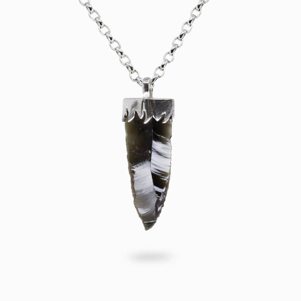 Raw Apache Tear Obsidian arrowhead necklace in sterling silver with natural black volcanic glass gemstone.