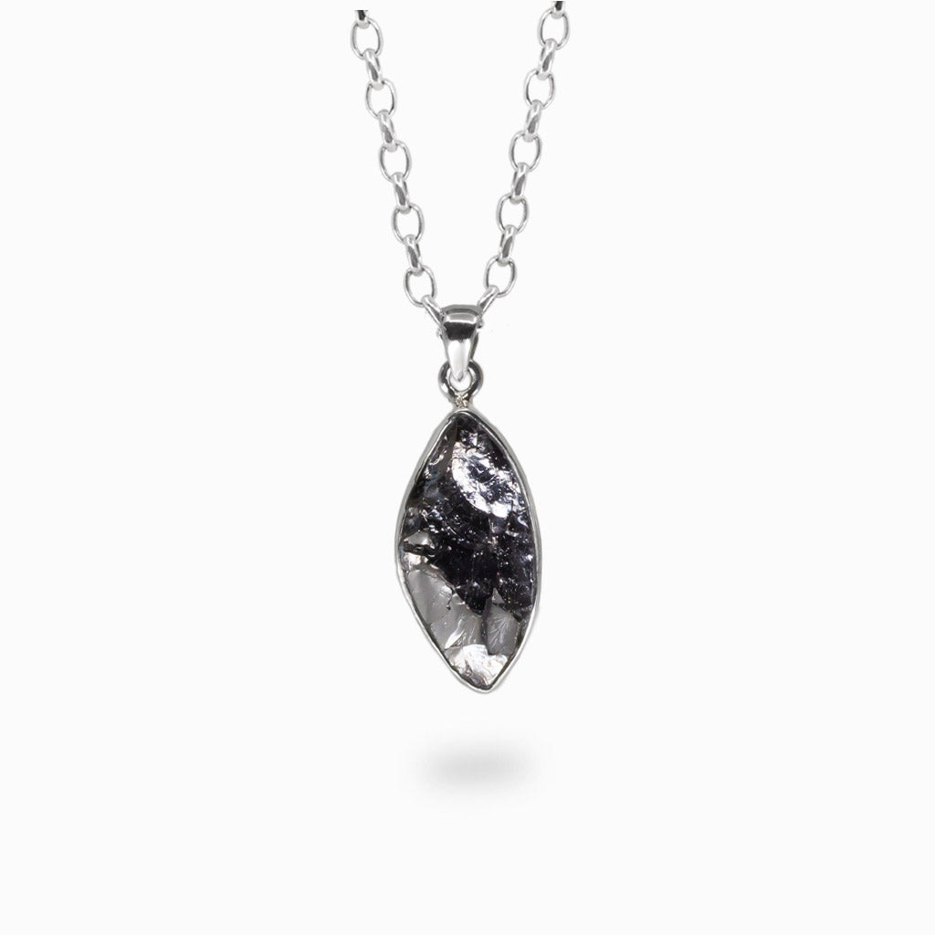 Raw marquise shungite pendant necklace set in sterling silver on chain