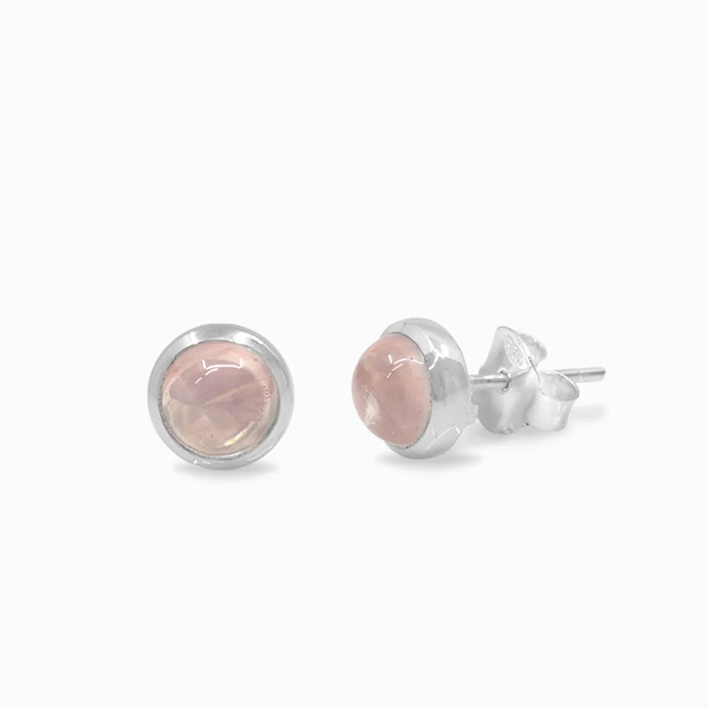 rose quartz stud earrings sterling silver round cabochon bezel soft pink gemstone studs