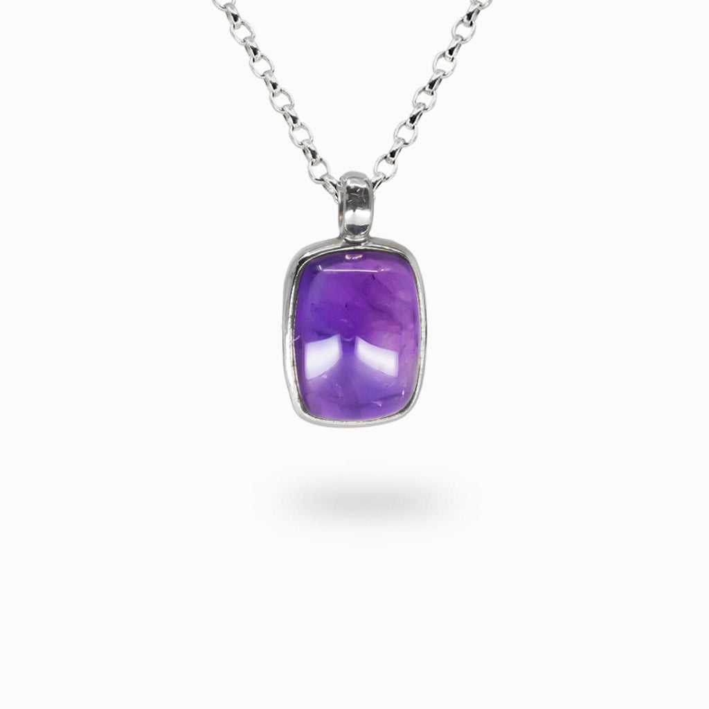 Rectangle amethyst cabochon necklace in sterling silver bezel with purple polished gemstone pendant