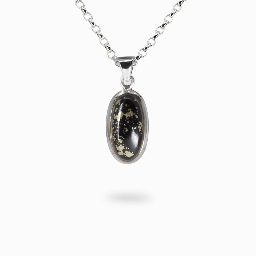 Oval Swiss Pyrite cabochon necklace with metallic gold flecks set in sterling silver bezel. MADE IN EARTH