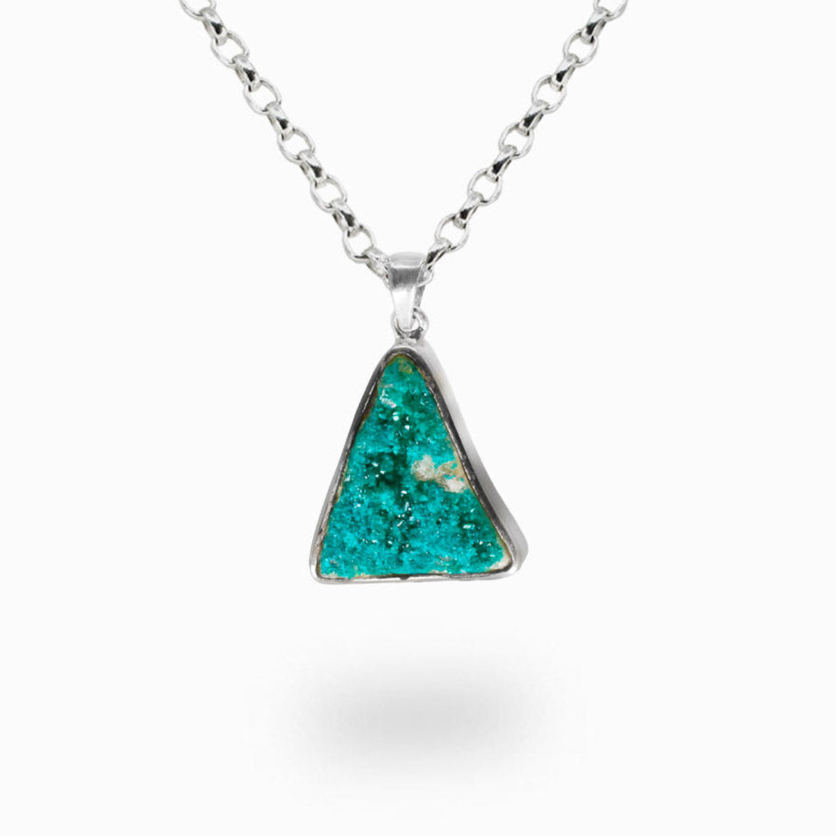 Raw green dioptase druzy triangle pendant in sterling silver bezel