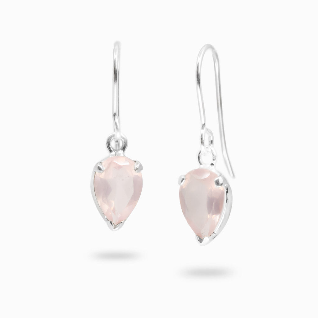 Sterling silver drop earrings featuring faceted pear-shaped Rose Quartz gemstones.
