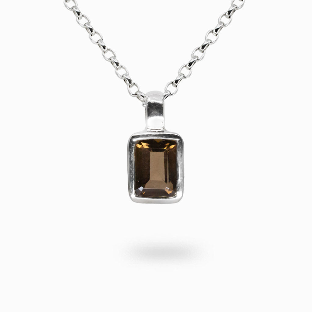 FACETED RECTULNGULAR BROWN SMOKEY QUARTZ NECKLACE IN STERLING SILVER BEZEL