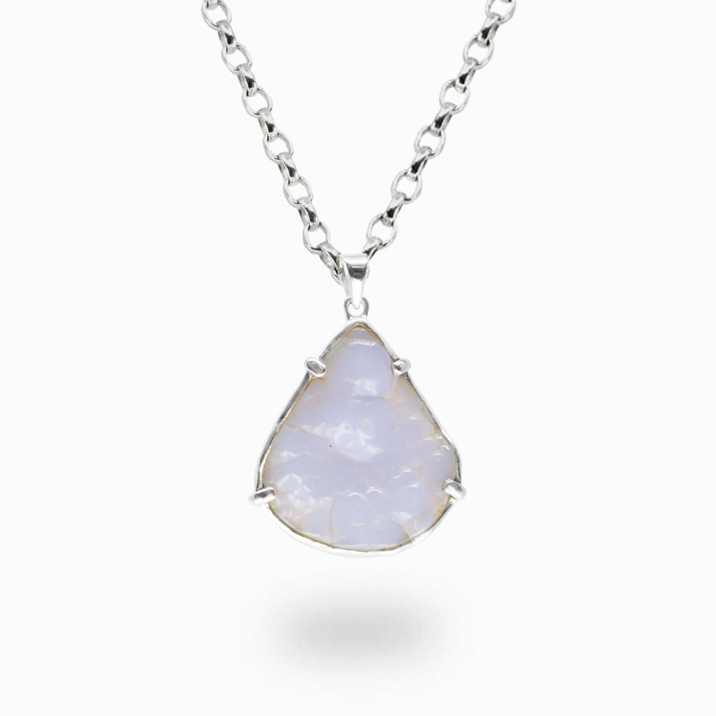 Raw Blue Botryoidal gemstone pendant necklace in sterling silver claw setting featuring natural rounded crystal formations.