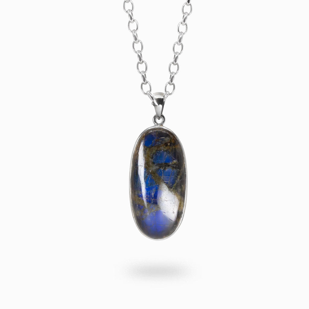 spectralite oval cabochon necklace blue flash labradorite sterling silver