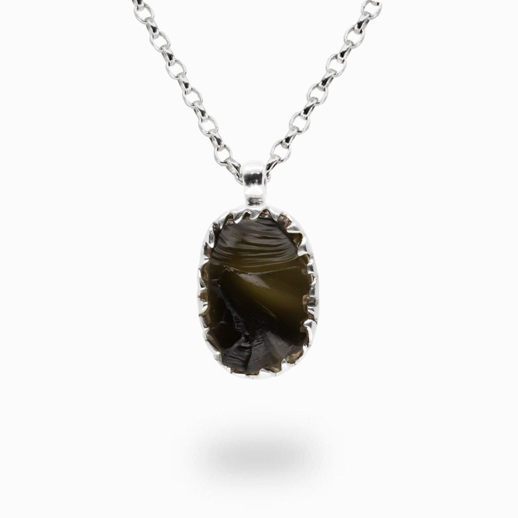 Oval Apache Tear Obsidian pendant necklace in sterling silver.