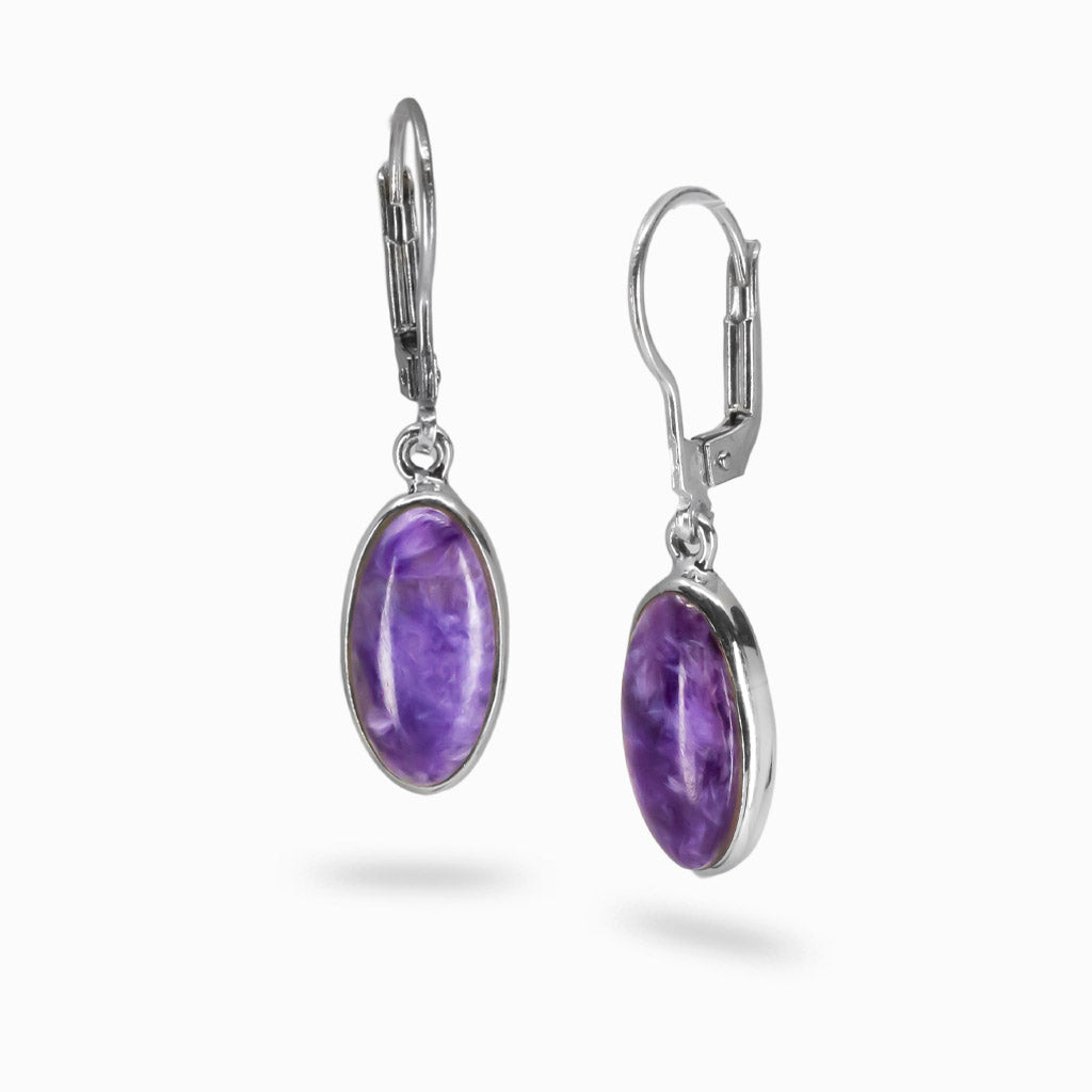 Sterling silver oval Charoite drop earrings with purple swirled cabochon stones and lever-back hooks. | MADE IN EARTH 