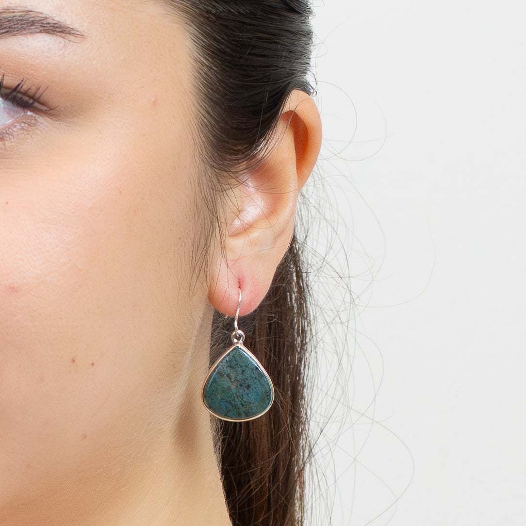 Moss Agate teardrop cabochon earrings in sterling silver with hook design ON MODEL| MADE IN EARTH