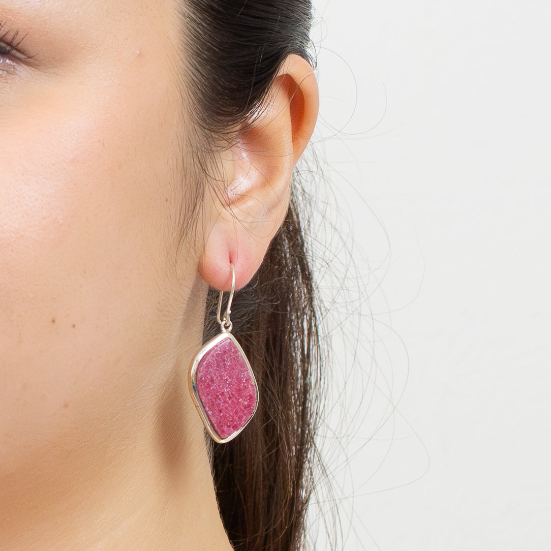 Freeform pink Rhodonite cabochon earrings set in sterling silver with hook fittings. | MADE IN EARTH