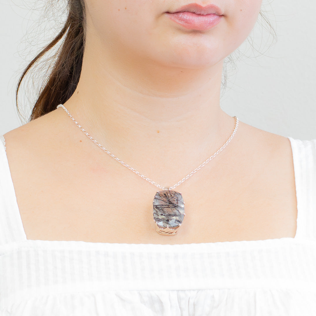 FACETED TOURMALINATED QUARTZ REC NECKLACE MADE IN EARTH STERLING SILVER