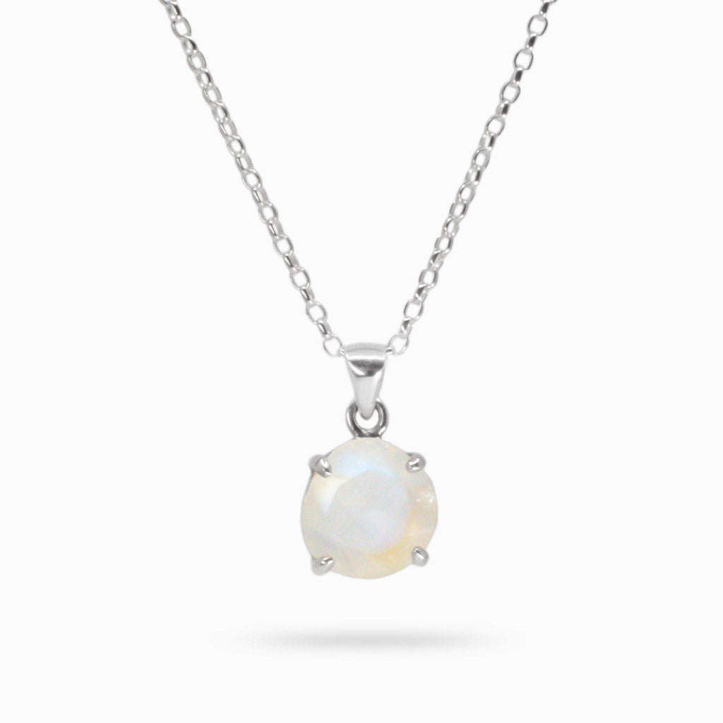 FACETED RAINBOW MOONSTONE NECKLACE ROUND STERLING SILVER | MADE IN EARTH 