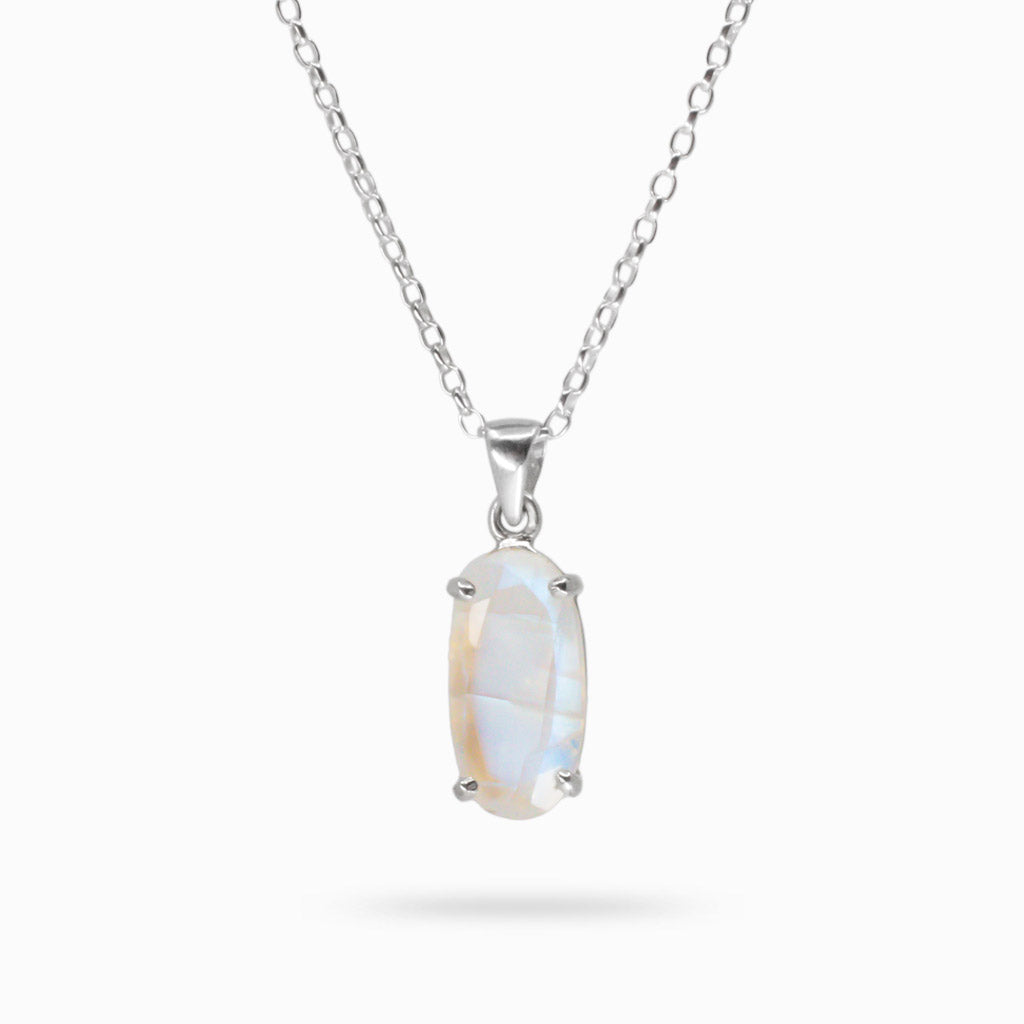 FACETED RAINBOW MOONSTONE OVAL NECKLACE STERLING SILVER | MADE IN EARTH 