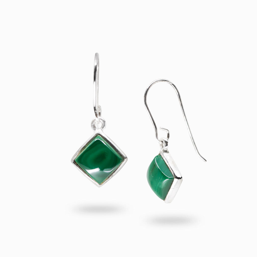 Malachite diamond shaped cabochon bezel drop earrings in sterling silver with green banding