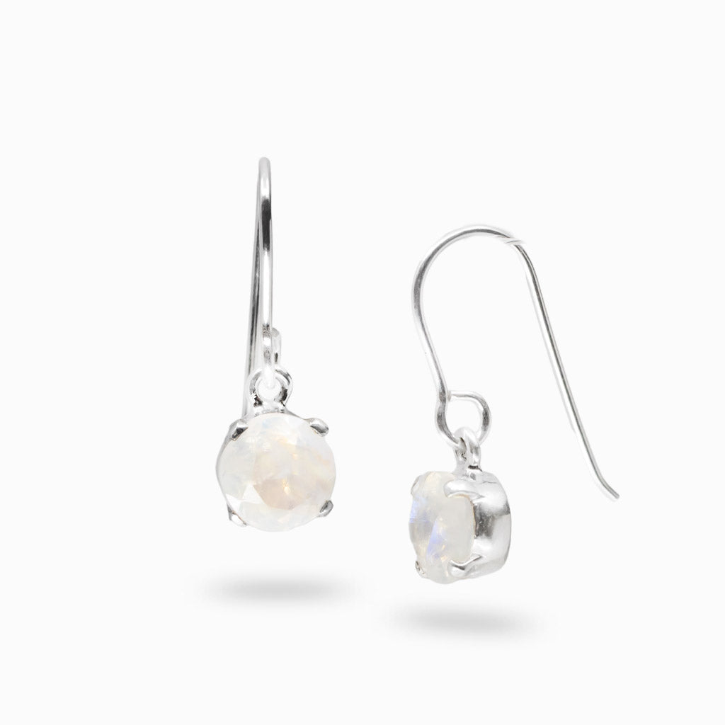 Faceted rainbow moonstone round drop earrings in claw setting with iridescent shine