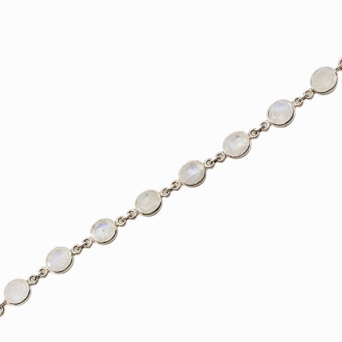 Rainbow Moonstone bracelet in sterling silver with oval cabochon gemstones.
