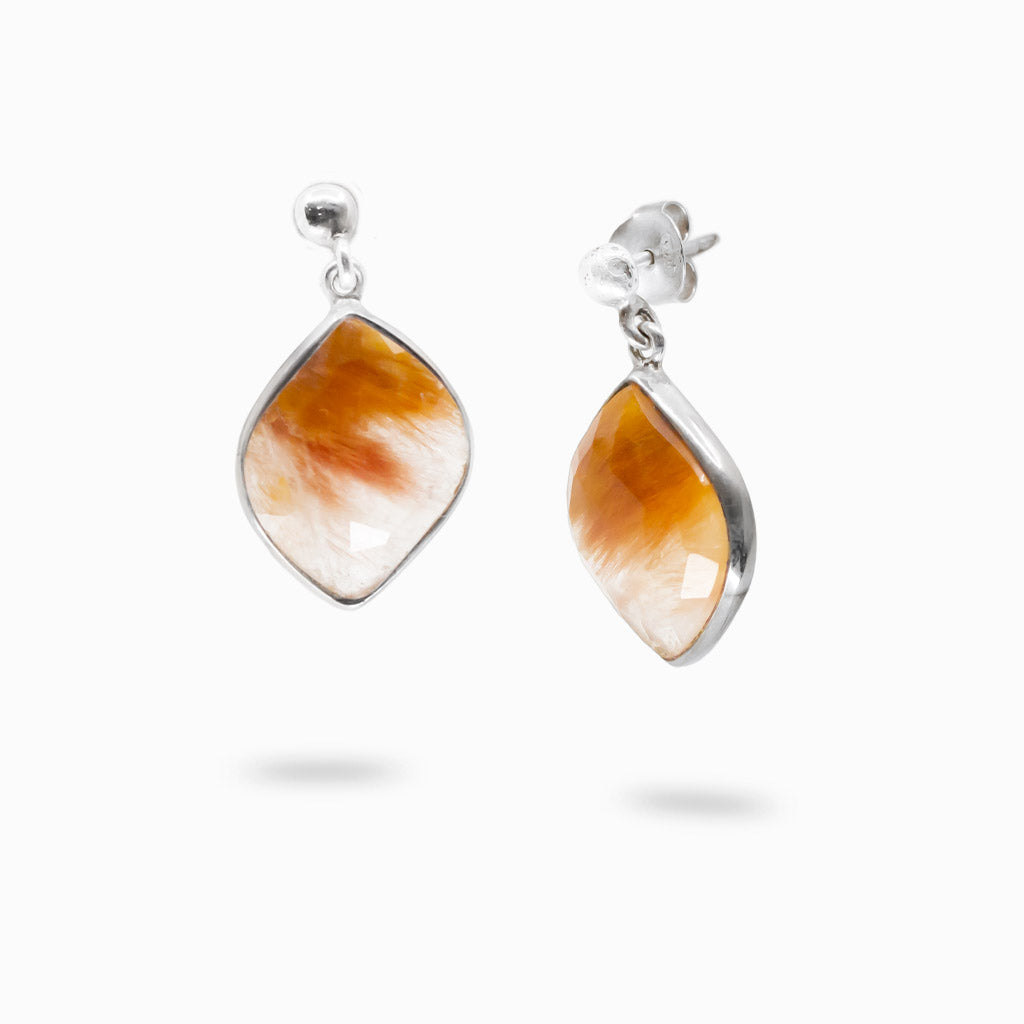 Red rutilated quartz faceted stud drop earrings in sterling silver