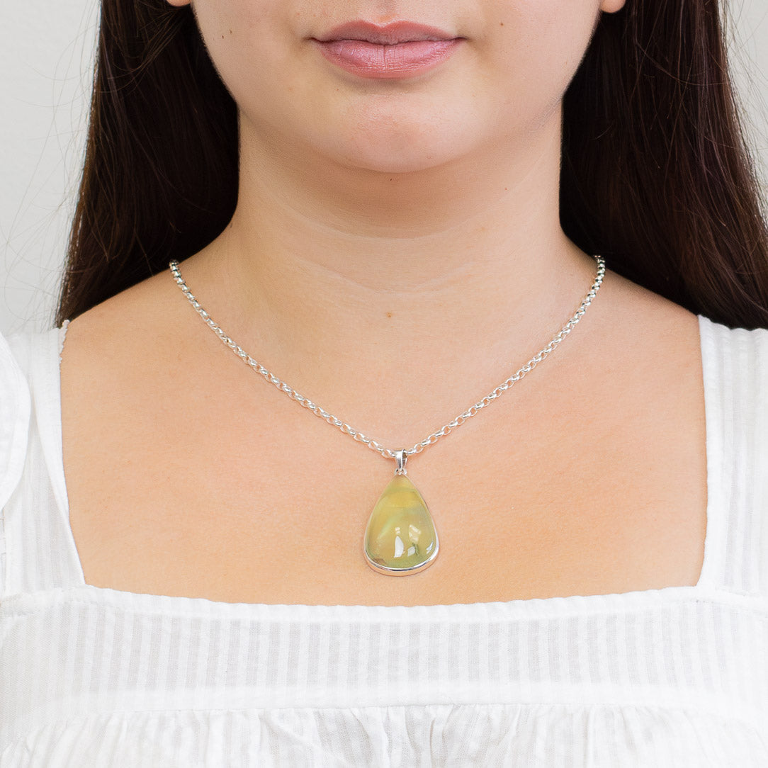 PREHNITE TEAR NECKLACE STERLING SILVER ON MODEL | MADE IN EARTH