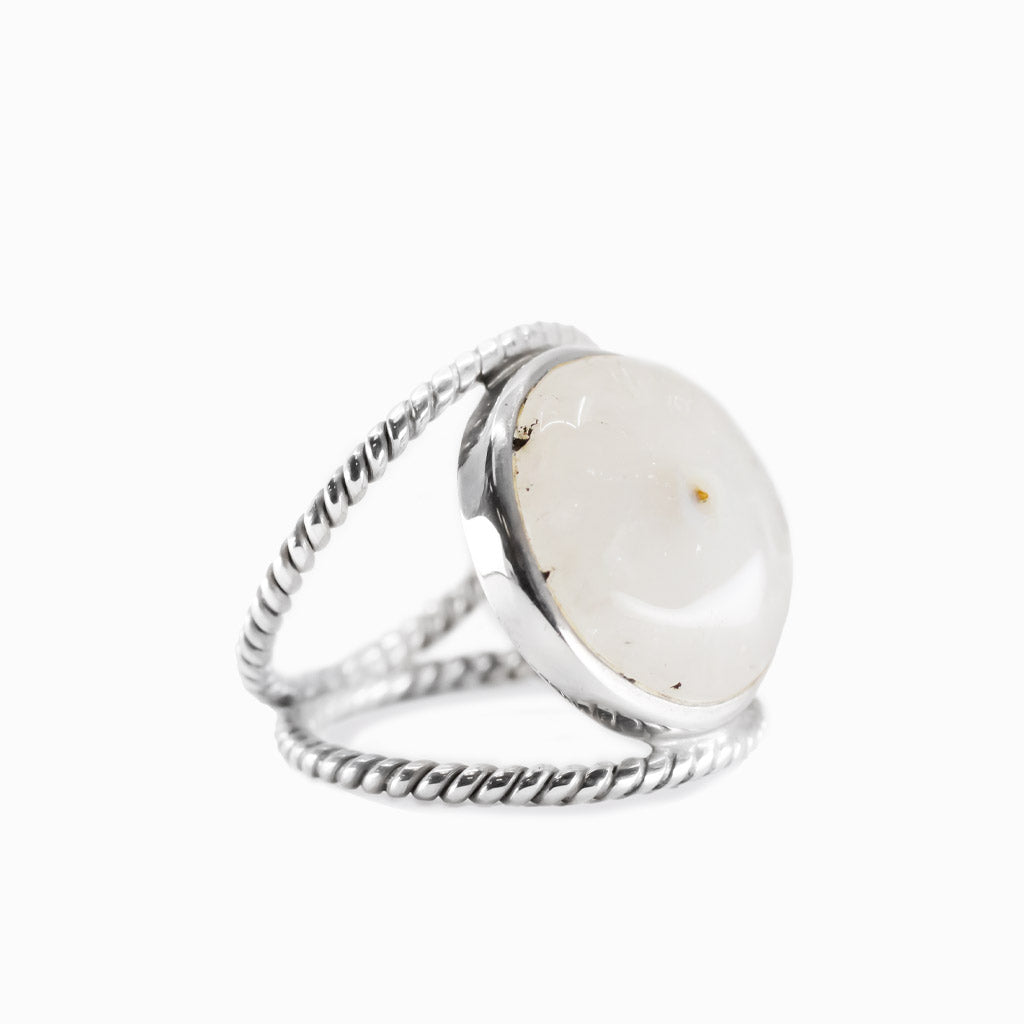Round solar quartz ring with sterling silver double rope band