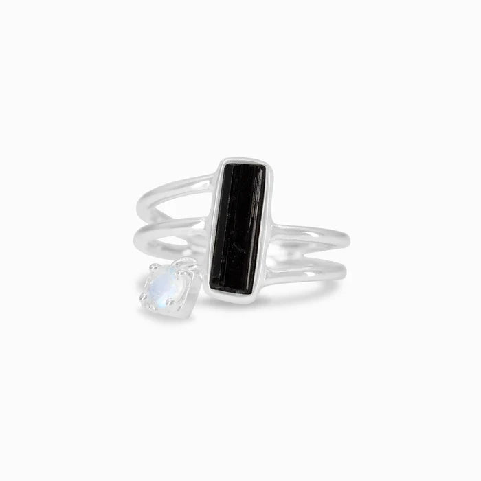 Rectangular Black Tourmaline and Rainbow Moonstone gemstones set in polished sterling silver ring.