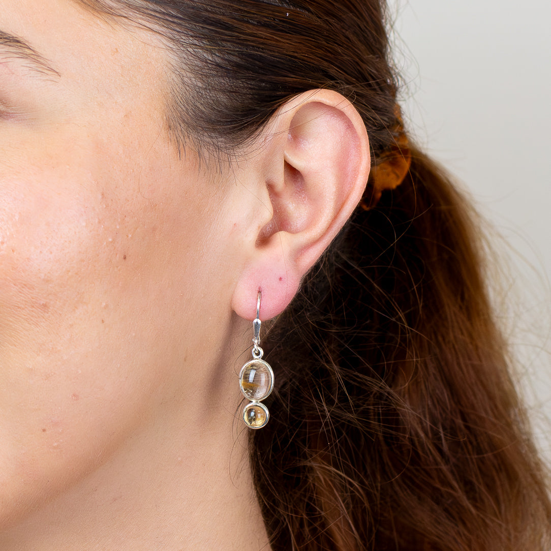 Rutilated quartz and citrine drop earrings in sterling silver ON MODEL