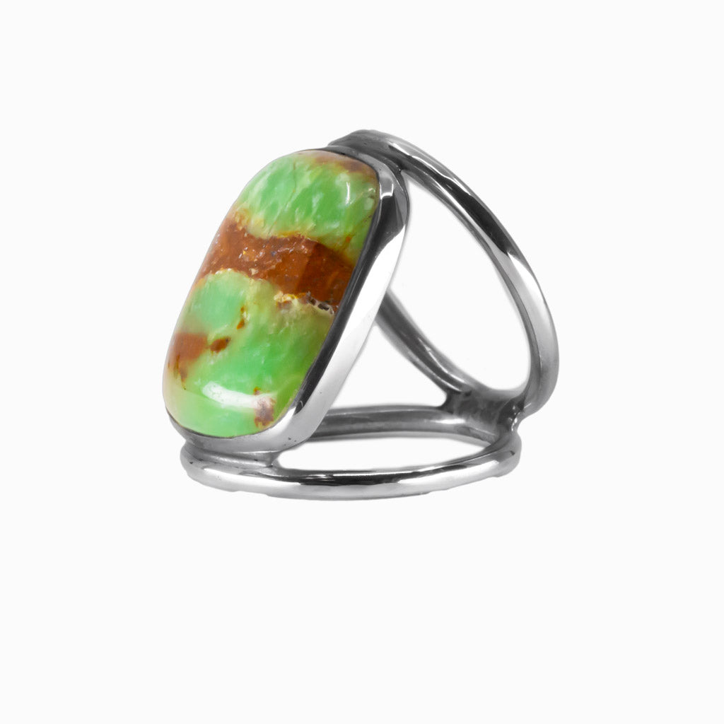 Chrysoprase in Matrix cabochon ring with silver band | MADE IN EARTH