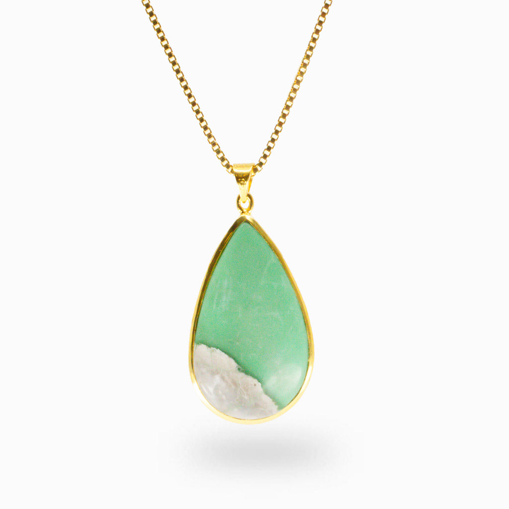 CABOCHON TEARDROP VARISCITE NECKLACE YELLOW GOLD VERMEIL