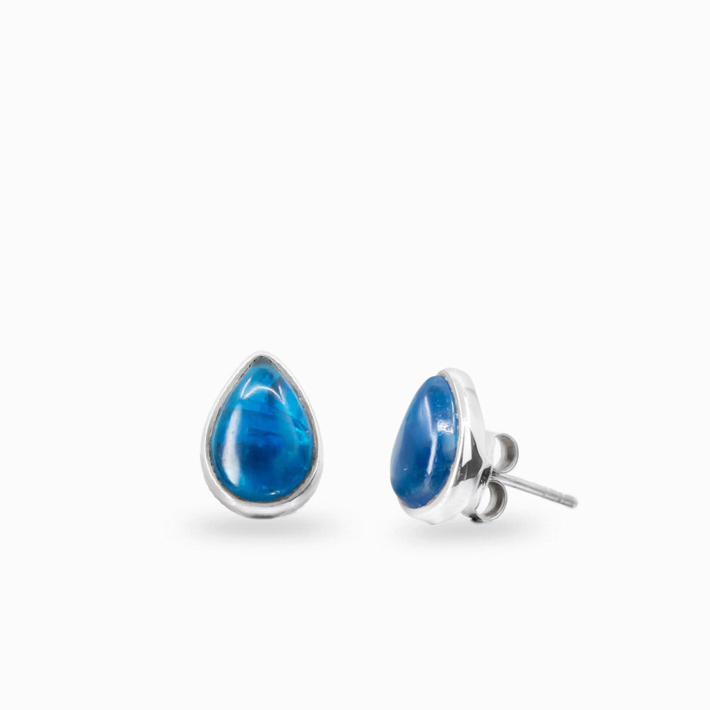 Apatite tear shaped cabochon stud earrings in sterling silver