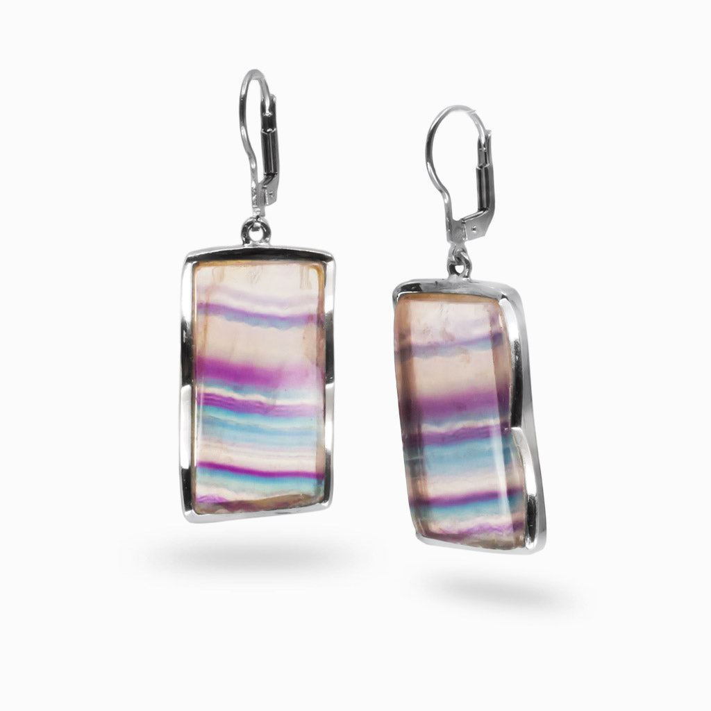 Fluorite rectangular cabochon bezel drop earrings in sterling silver with French clasp, showcasing blue, green, and purple tones. | MADE IN EARTH 