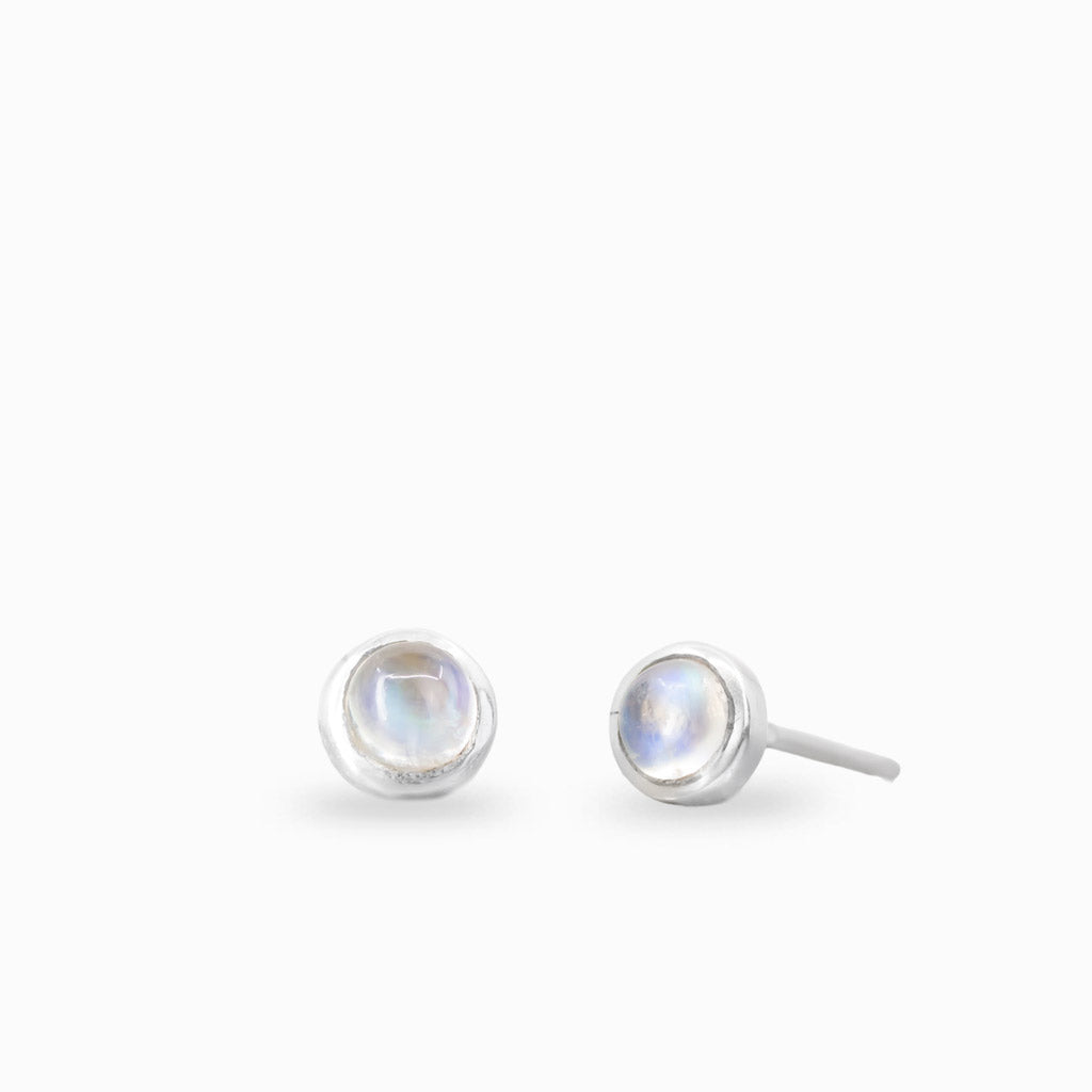 Round rainbow moonstone stud earrings in sterling silver