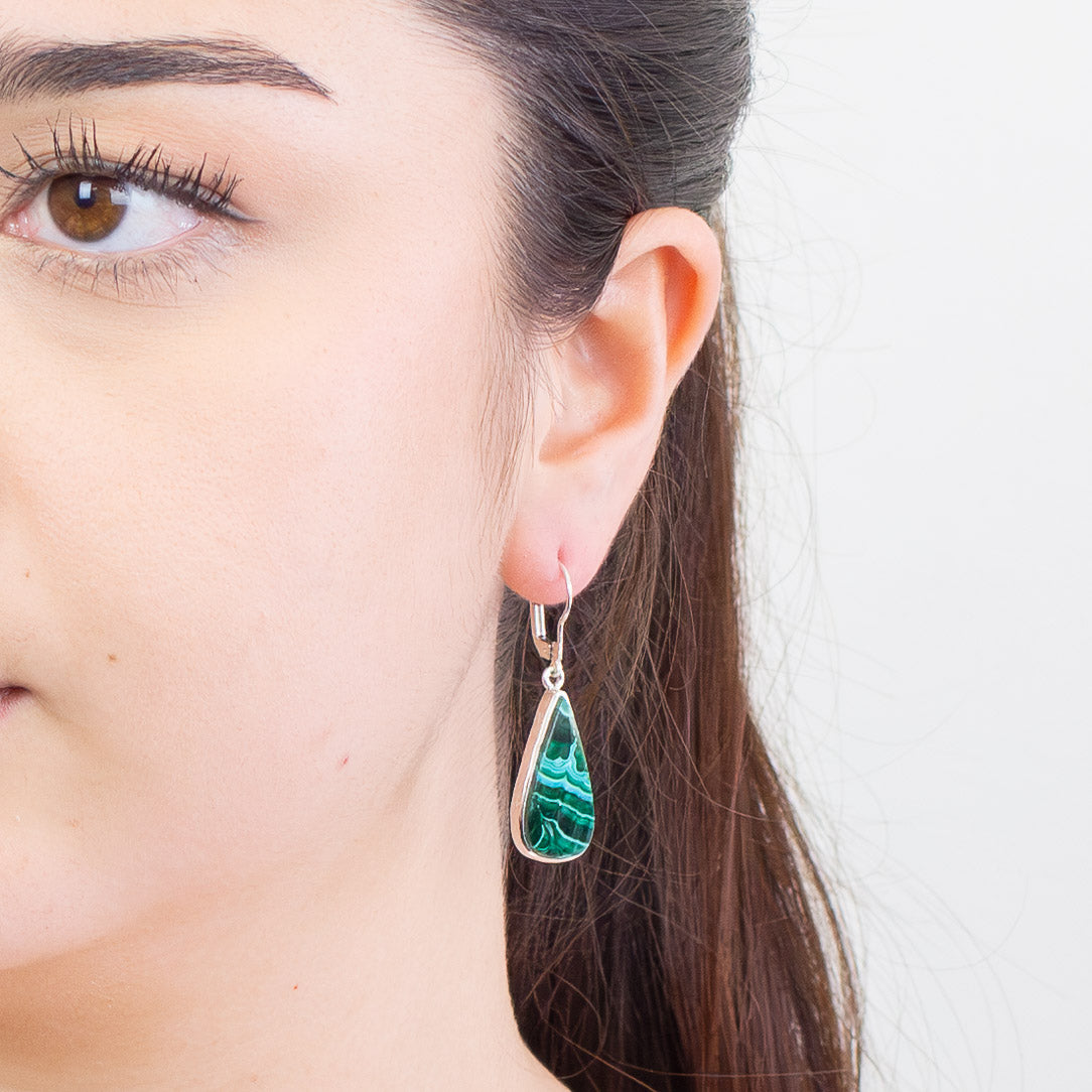 Chrysocolla and Malachite teardrop cabochon bezel drop earrings in sterling silver with French clasp, rich blue and green tones. | MADE IN EARTH 