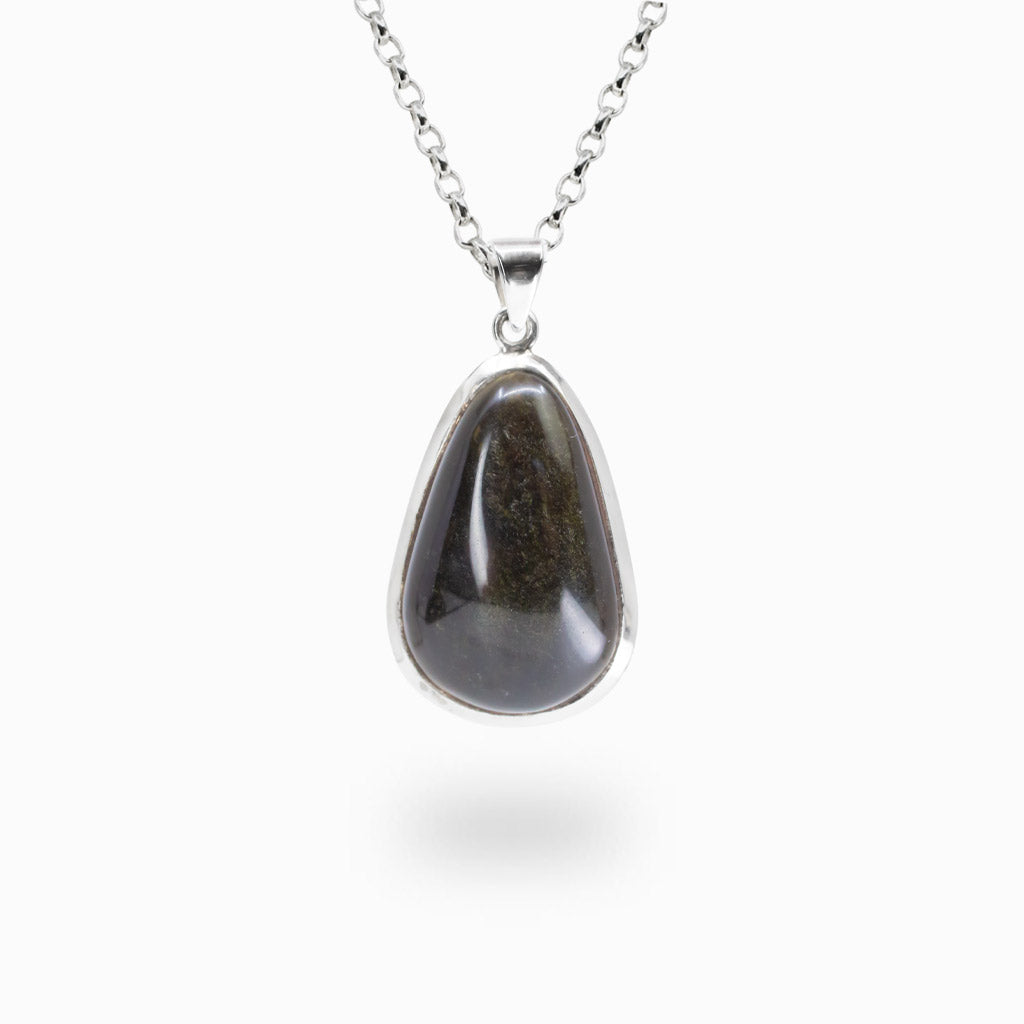 Pear-shaped Goldsheen Obsidian pendant handcrafted in sterling silver.