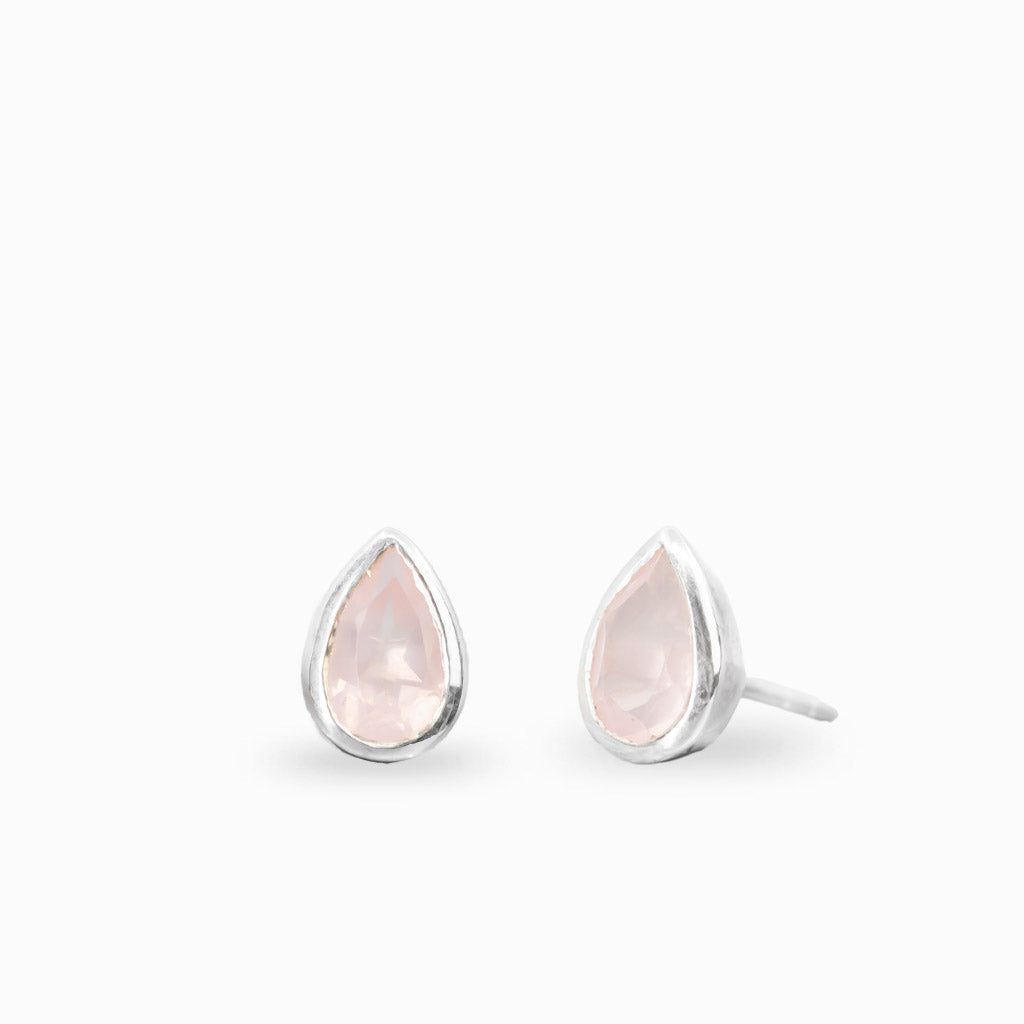 Faceted rose quartz teardrop stud earrings in sterling silver