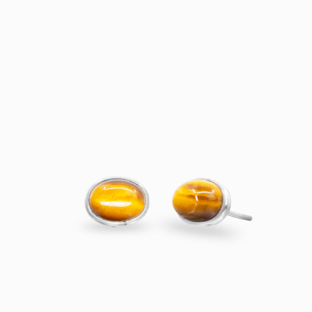 Tiger eye oval cabochon stud earrings in sterling silver