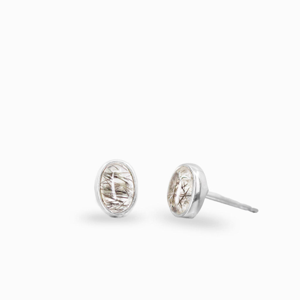 Tourmalinated quartz cabochon stud earrings in sterling silver