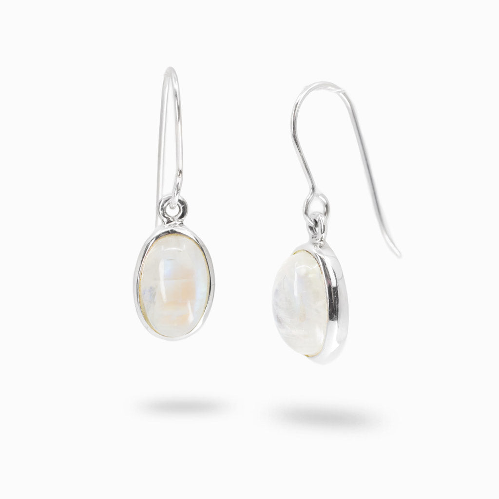 Oval rainbow moonstone drop earrings in sterling silver