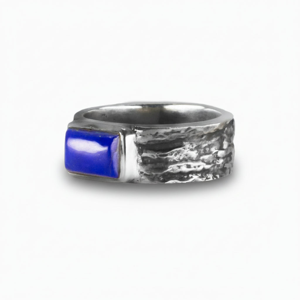 Rectangular Lapis Lazuli cabochon ring in textured sterling silver band, deep royal blue gemstone. | MADE IN EARTH