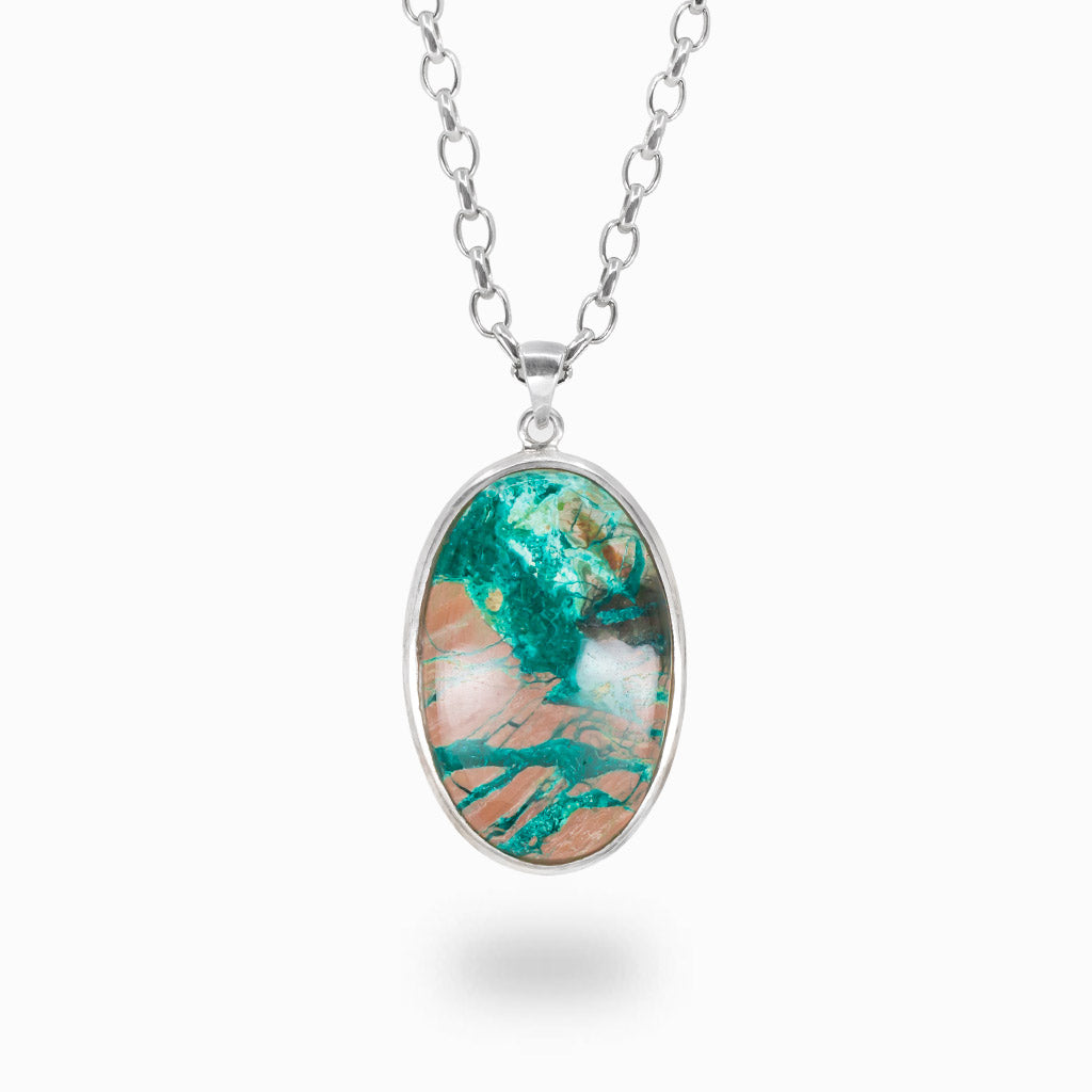 Oval dioptase cabochon necklace in sterling silver
