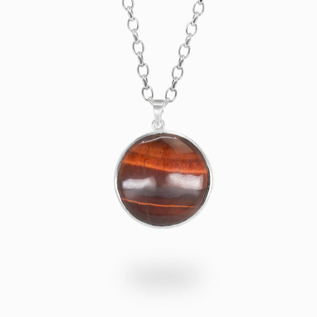 Red tiger eye cabochon necklace in sterling silver