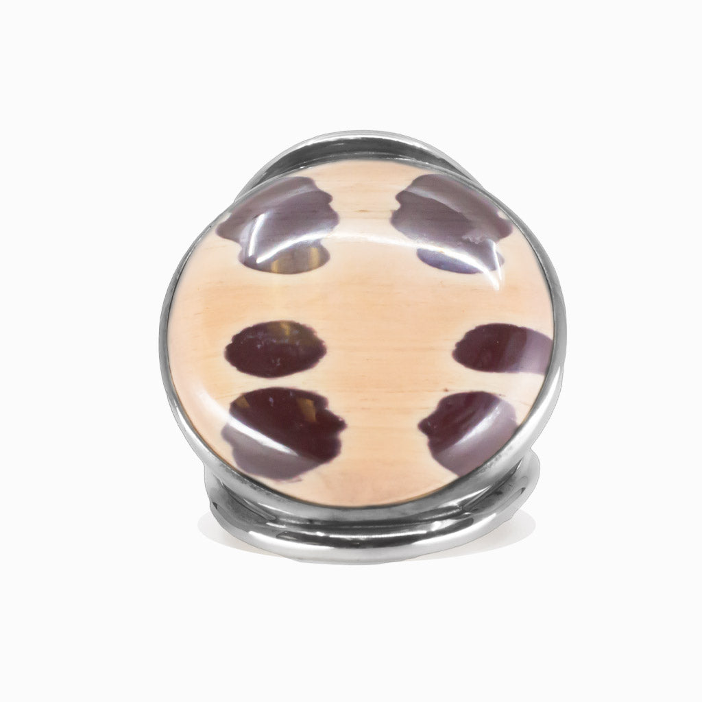 Round zebra stone cabochon ring set in sterling silver with spotted brown and cream patterns