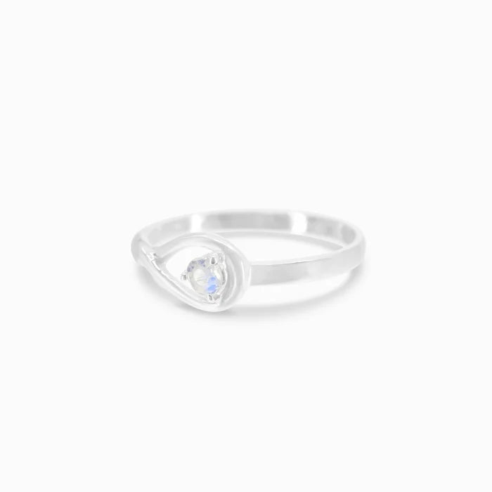 Round faceted Rainbow Moonstone gemstone prong set in polished sterling silver ring.