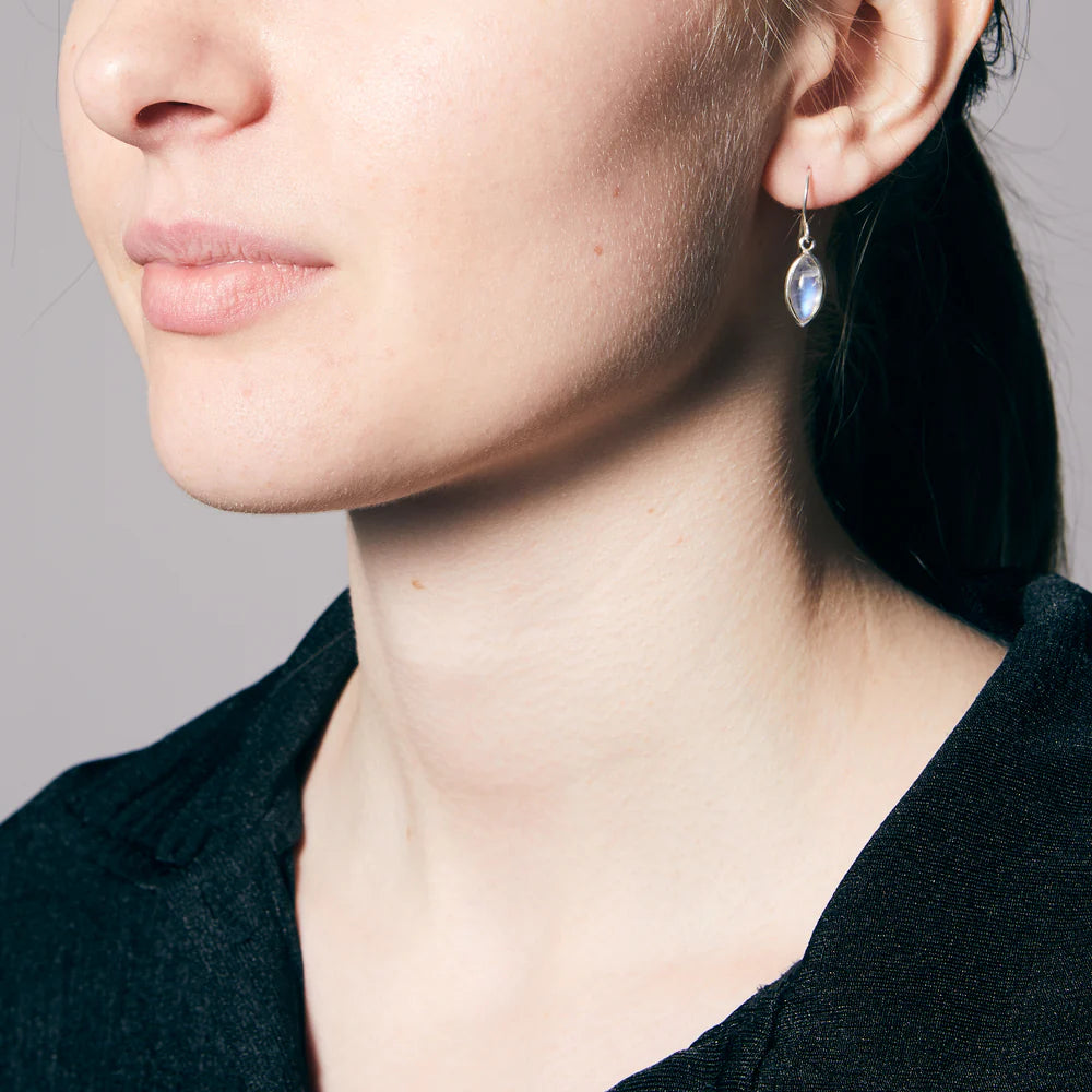 rainbow moonstone drop earrings sterling silver marquise cabochon blue flash