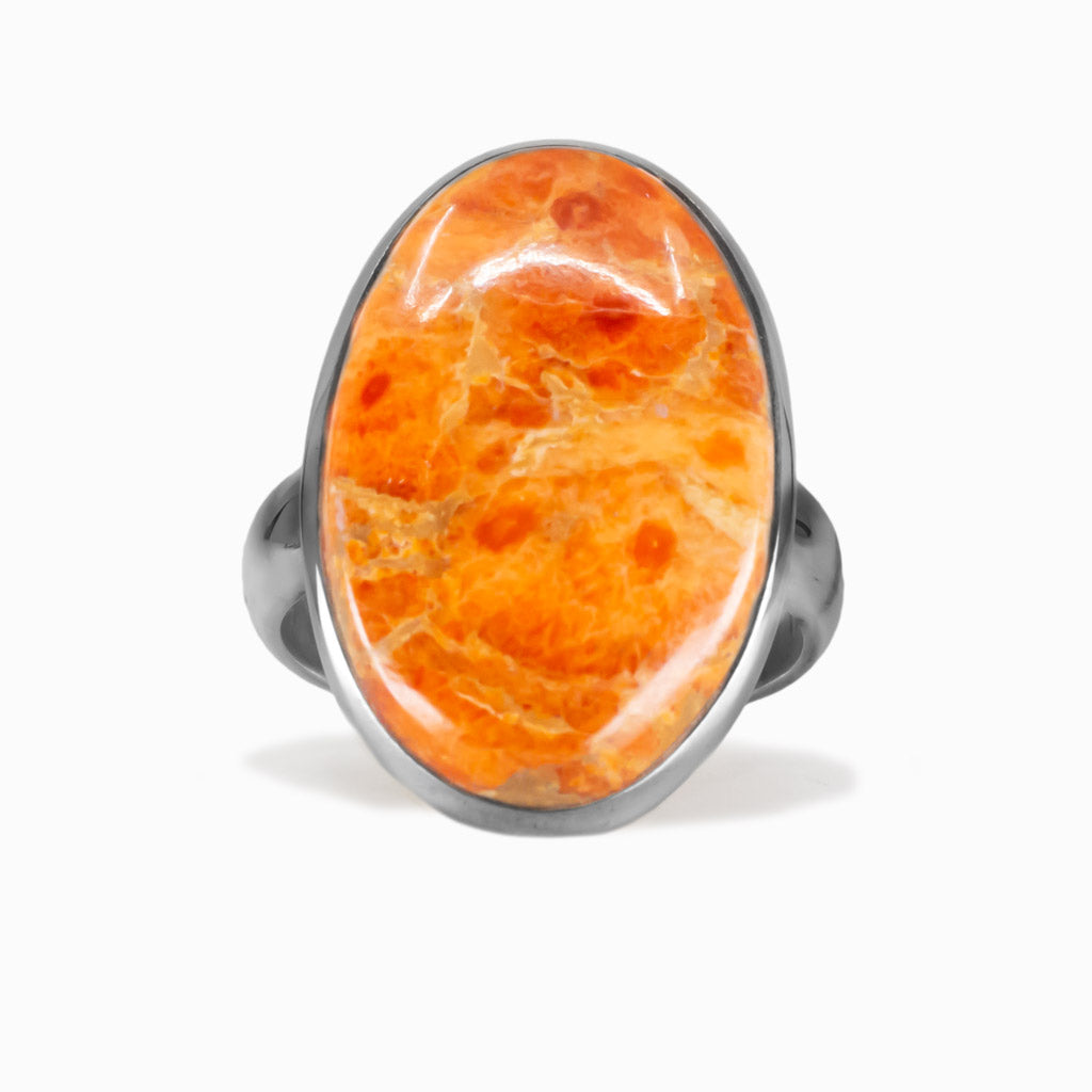 Oval sponge coral cabochon ring set in sterling silver with orange coral gemstone. MADE IN EARTH